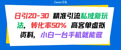 日引 20-30 精准引流私域新玩法，转化率50% 高客单虚拟资料，小白一台手机就能做-KAI的视界