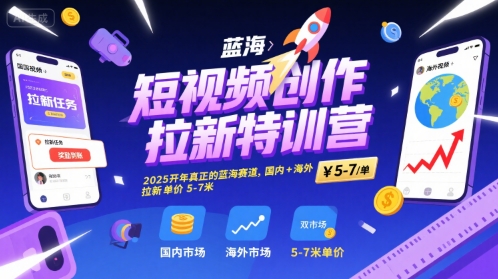 短视频创作拉新特训营，2025开年真正的蓝海赛道，国内+海外，拉新单价5-7米-KAI的视界