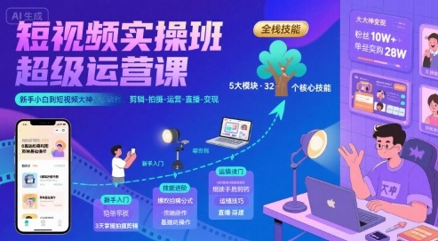 短视频实操班超级运营课，新手小白到短视频大神必修课程，剪辑-拍摄-运营-直播-变现-KAI的视界