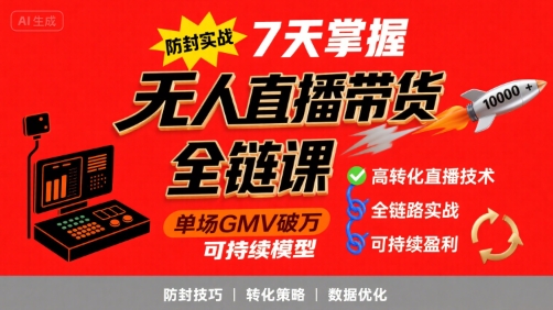 无人直播带货全链防封实战课，7天掌握高转化直播技术，实现单场GMV破万可持续模型-KAI的视界