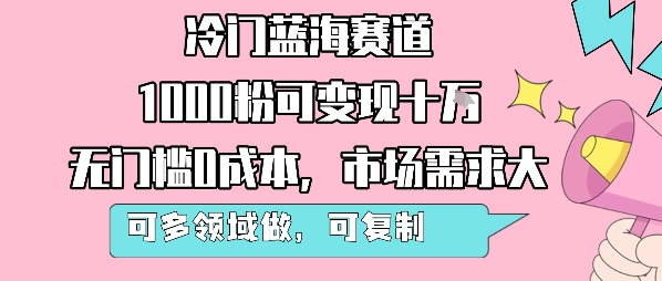 冷门蓝海赛道，1000粉可变现十W，无门槛0成本，市场需求大，可多领域做，可复制性强-KAI的视界