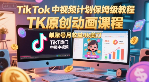 TikTok中视频计划保姆级教程，TK原创动画课程，单账号月收益4k美刀-KAI的视界