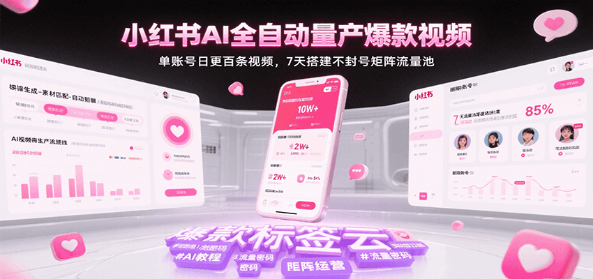 小红书AI全自动量产爆款视频，单账号日更百条视频，7天搭建不封号矩阵流量池-KAI的视界