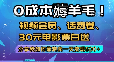 0成本薅羊毛!视频会员、话费卷、30元电影票白送，分享我如何靠转卖一天变现5张+【揭秘】-KAI的视界