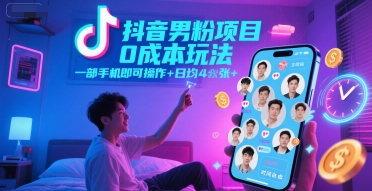 抖音男粉项目0成本玩法，一部手机即可操作，日均4张+，时间自由-KAI的视界