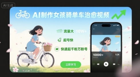 AI制作女孩骑单车治愈视频，流量大，起号快，快速起千粉万粉号-KAI的视界