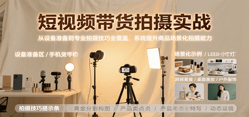 短视频带货拍摄实战，从设备准备到专业拍摄技巧全覆盖，系统提升商品场景化拍摄能力-KAI的视界