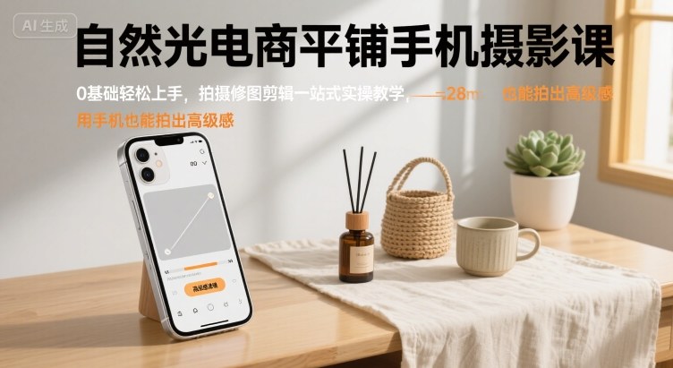 自然光电商平铺手机摄影课，0基础轻松上手，拍摄修图剪辑一站式实操教学，用手机也能拍出高级感-KAI的视界