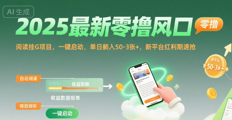 2025最新零撸风口，阅读挂G项目，一键启动，单日躺入 50-3张+，新平台红利期速抢【揭秘】-KAI的视界